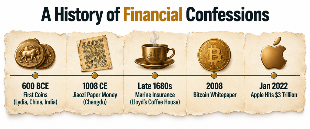 Timeline infographic of major financial inventions from 600 BCE to 2022