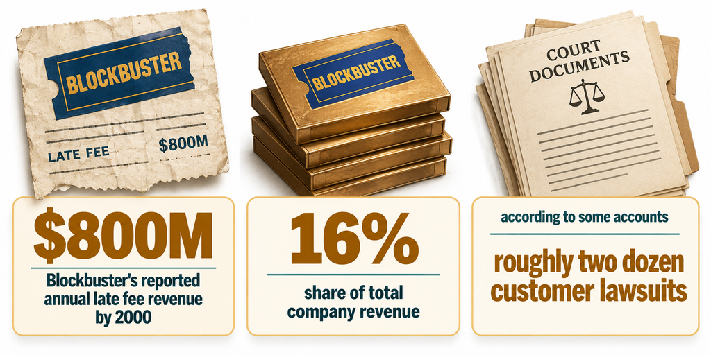 Infographic showing Blockbuster's late fee revenue and lawsuit figures around 2000