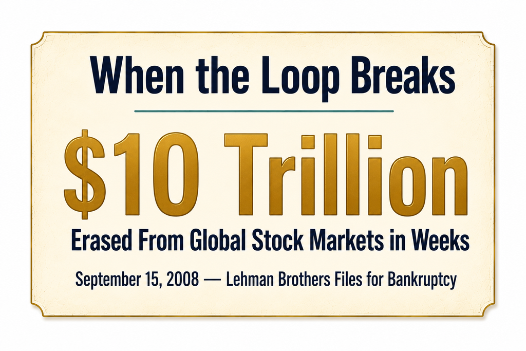 Infographic highlighting that Lehman Brothers filed for bankruptcy on September 15, 2008, and roughly ten trillion dollars was erased from global stock markets within weeks