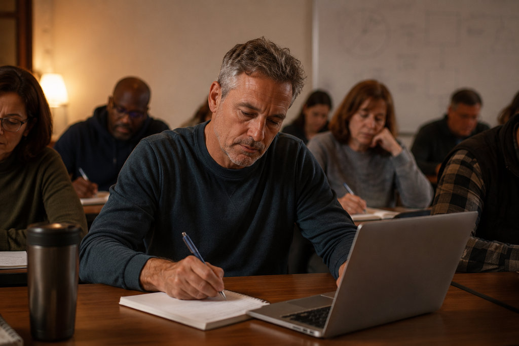 A middle-aged adult student taking notes in an evening community college classroom, surrounded by other adult students