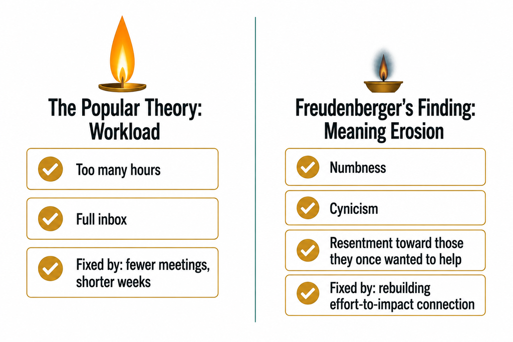 Side-by-side diagram contrasting the workload theory of burnout with Freudenberger's meaning-erosion theory