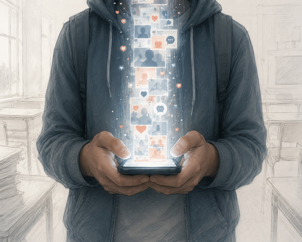 Conceptual illustration of a smartphone glowing with social feeds as a nonstop belonging machine a teenager carries everywhere