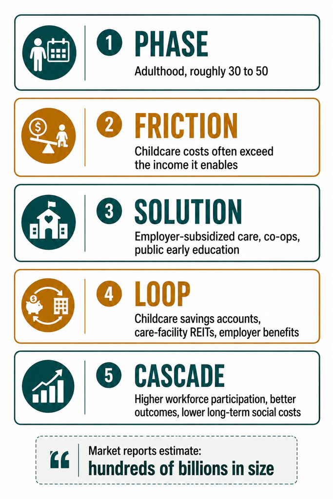 Infographic summarizing the childcare case study data: phase, friction, solution, financial loop, and cascade effects
