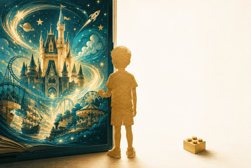 Conceptual scene of a child at a boundary between a glowing immersive screen world and quiet empty space for imagination