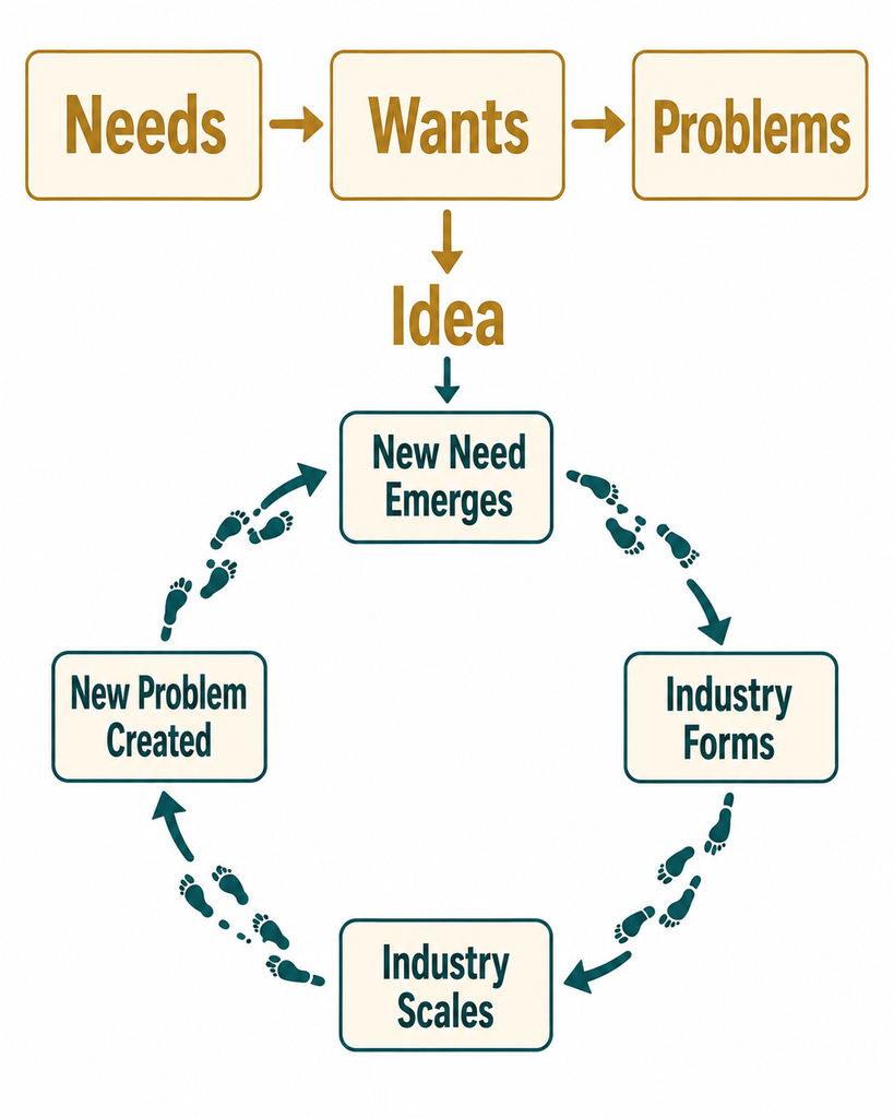 Diagram showing the gap between needs, wants, and problems feeding a feedback loop into new industries