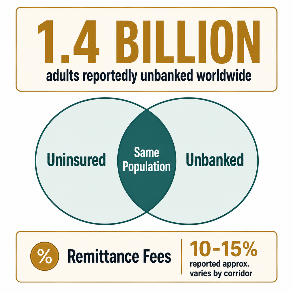 Infographic showing 1.4 billion unbanked adults overlapping with the global insurance protection gap and remittance fee friction