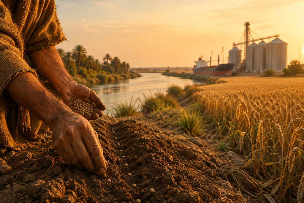 Ancient hands planting seeds beside a modern wheat field with shipping infrastructure in the distance