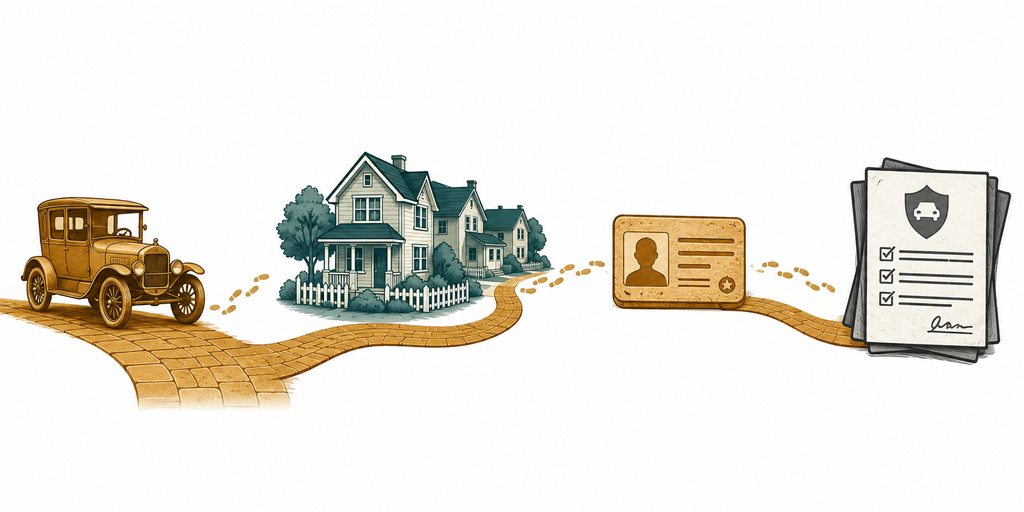  An illustrated chain showing an automobile leading to a suburb, a driving license, and car insurance forms