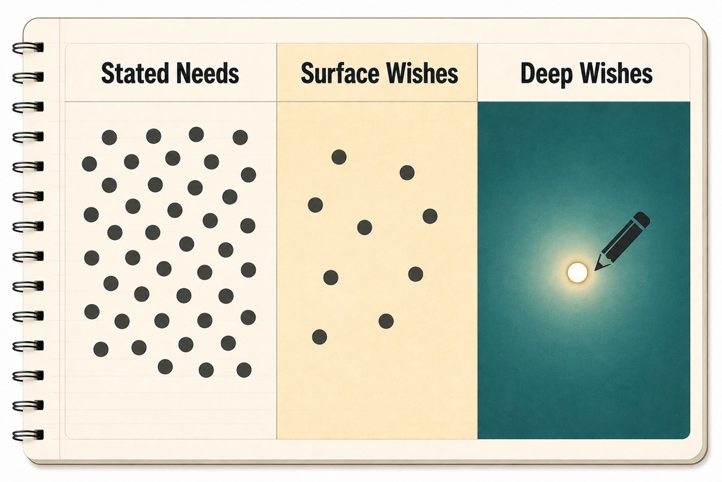 Three-column diagram on a notebook page showing stated needs, surface wishes, and deep wishes