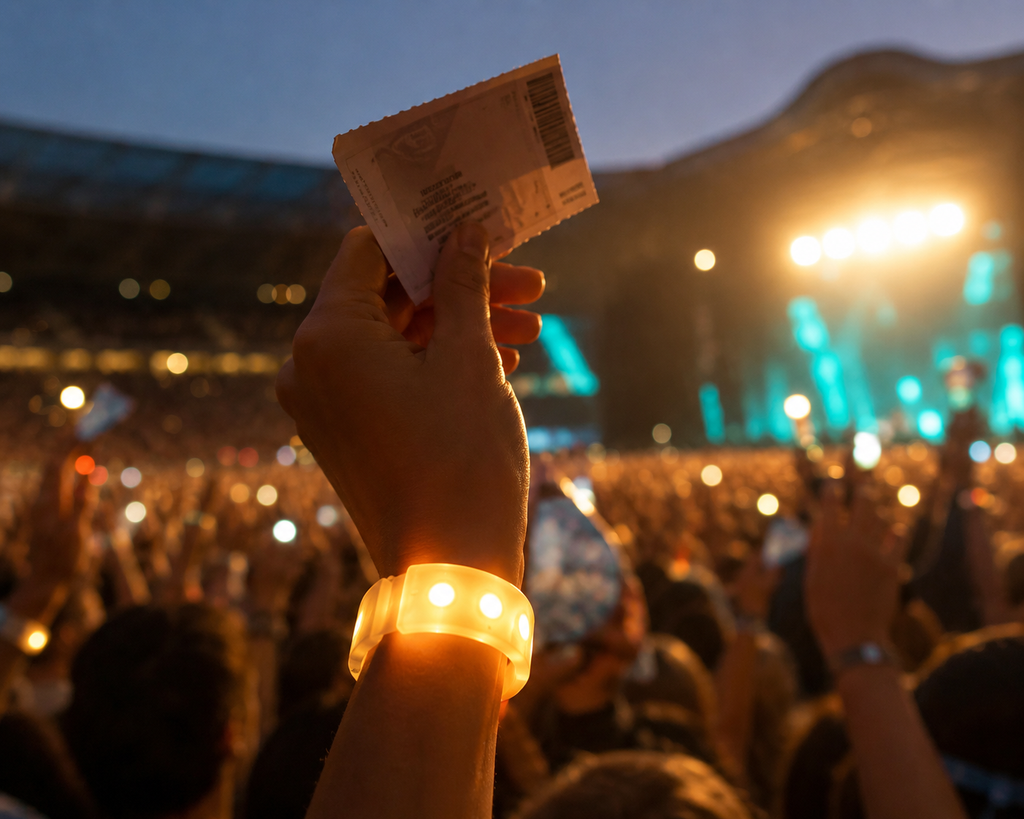 Close-up conceptual image of a glowing concert wristband and ticket stub held up in a crowd, symbolizing status and belonging through shared experience