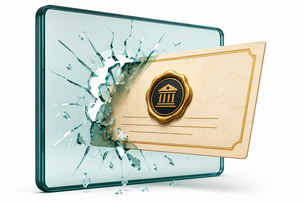 Conceptual image of a wax-seal-stamped certificate breaking free from a walled platform and traveling outward