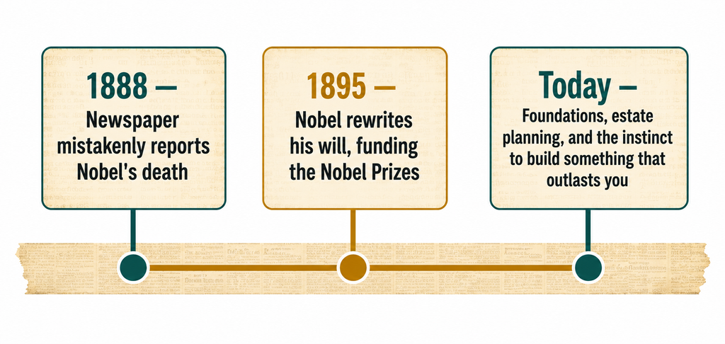 Timeline diagram from the 1888 obituary to the 1895 will and the modern legacy-planning instinct