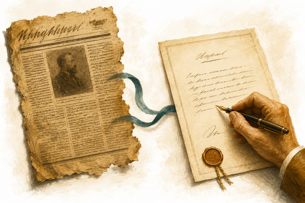 Illustration of an old newspaper obituary beside a hand rewriting a will, symbolizing the shift from a bad legacy to an intentional one