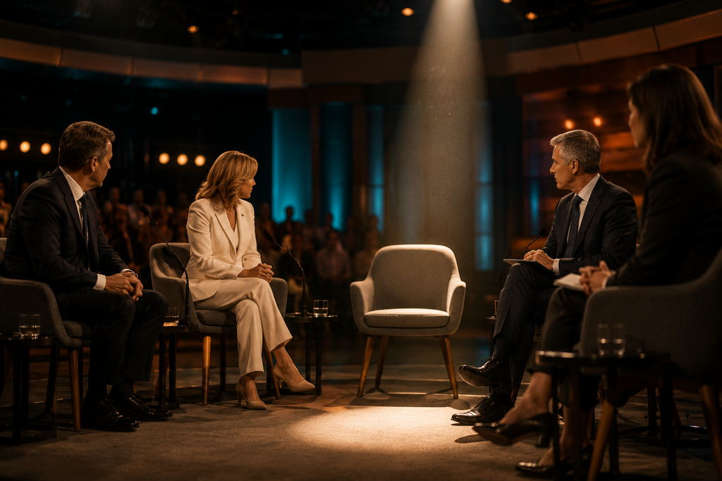 A realistic scene of an empty chair under a television studio spotlight on a panel discussion set, with other panelists' chairs occupied