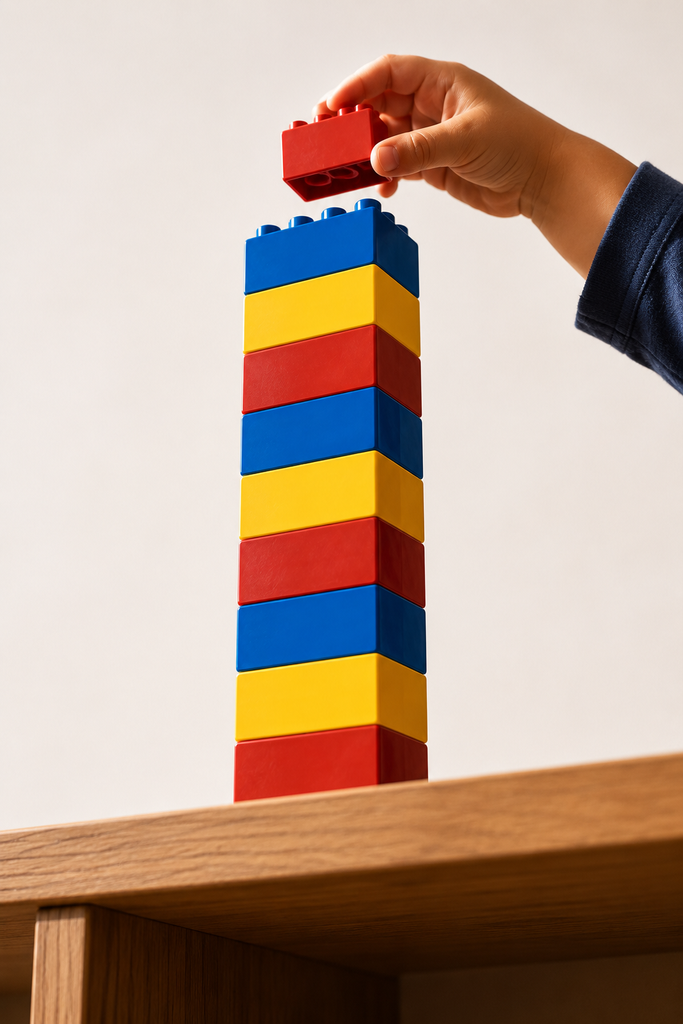 A tall, stable tower of interlocking bricks standing firm on a shelf, symbolizing product permanence