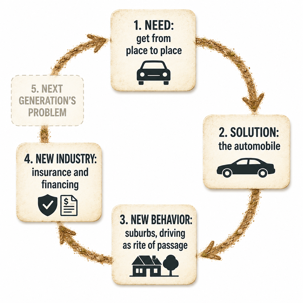 Four-stage circular diagram showing how solving one problem creates the next, illustrated with the automobile example