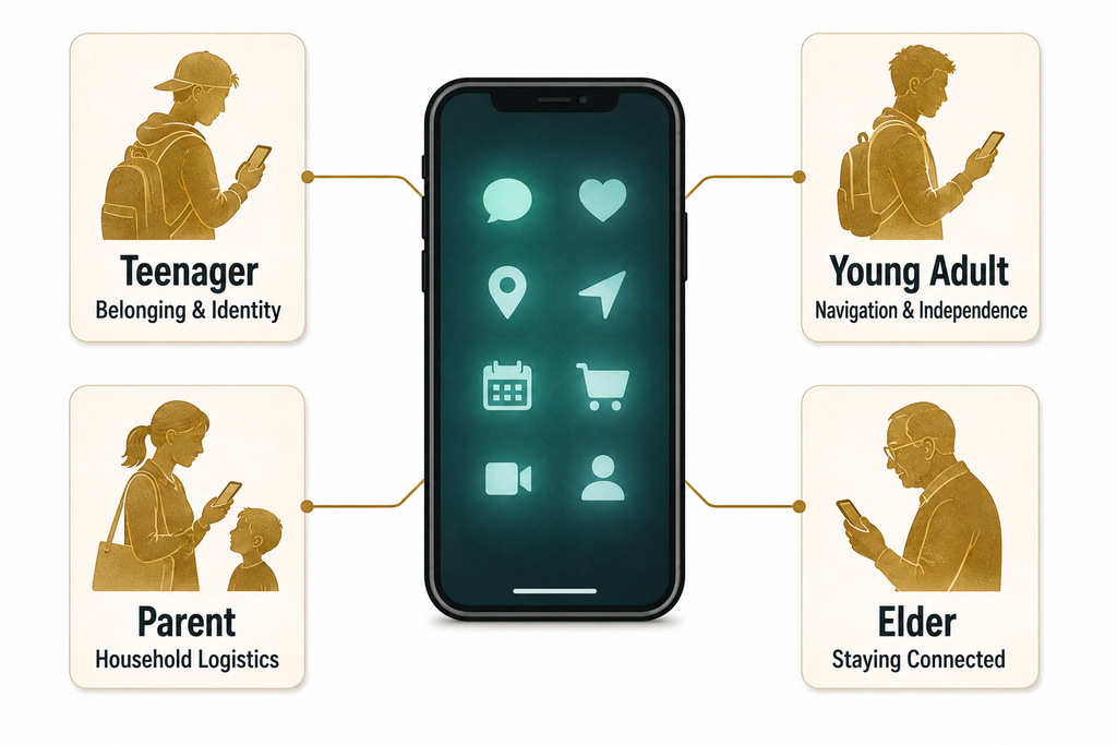 Diagram showing one iPhone meeting four different needs across teenager, young adult, parent, and elder life phases