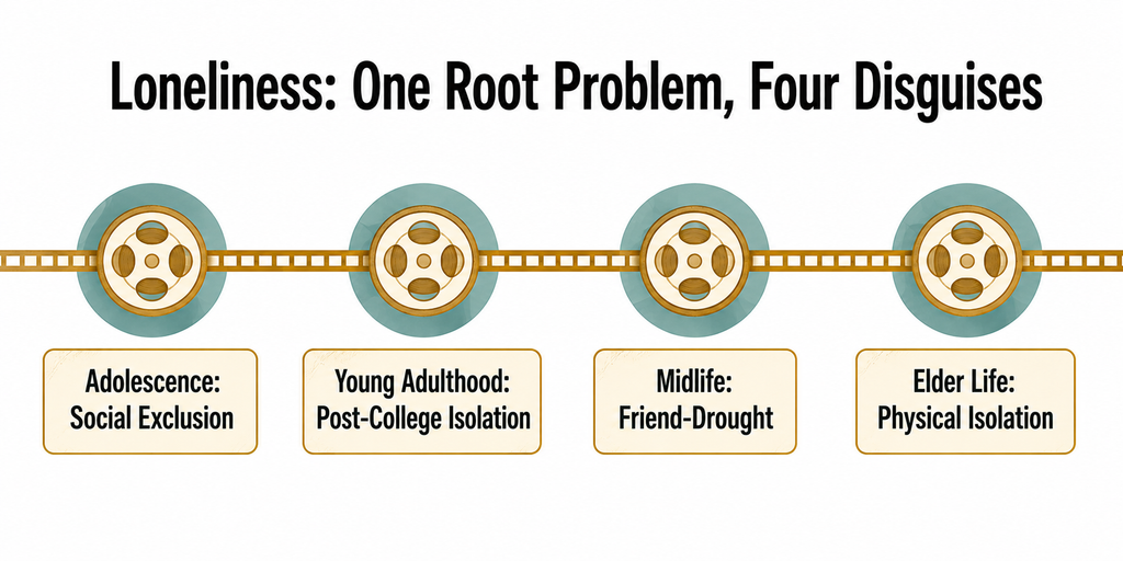 Diagram showing loneliness shapeshifting across four life stages: adolescence, young adulthood, midlife, and elder life