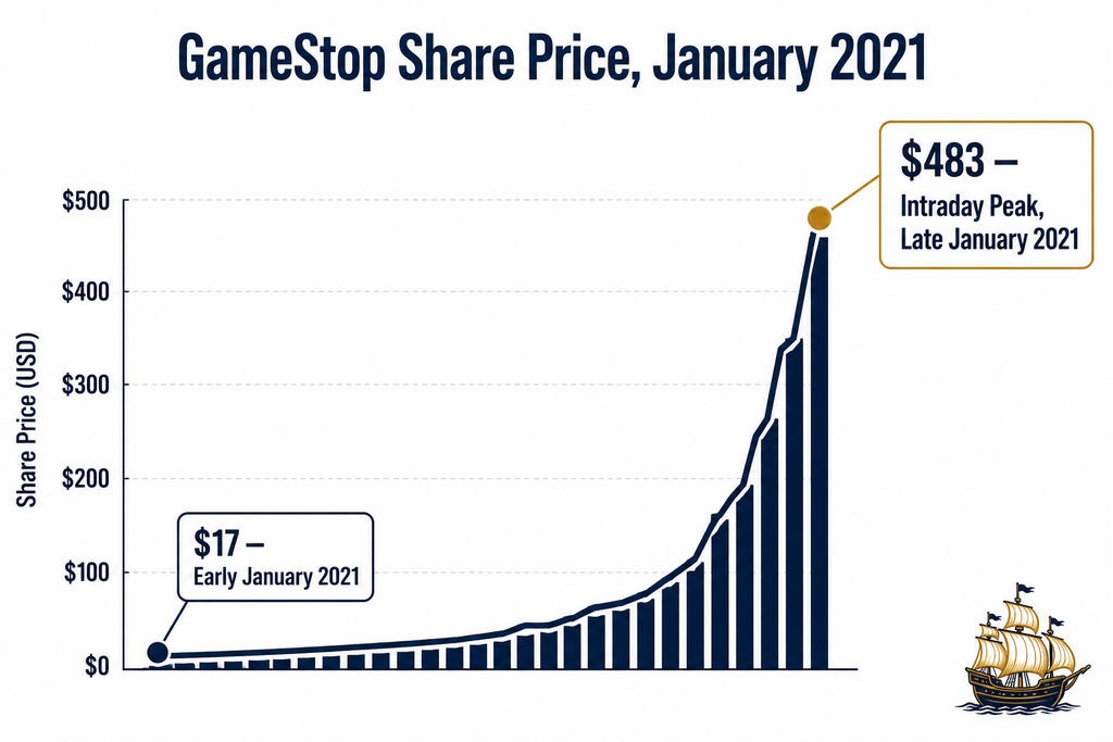 Bar chart infographic showing GameStop share price rising from about $17 to about $483 during January 2021