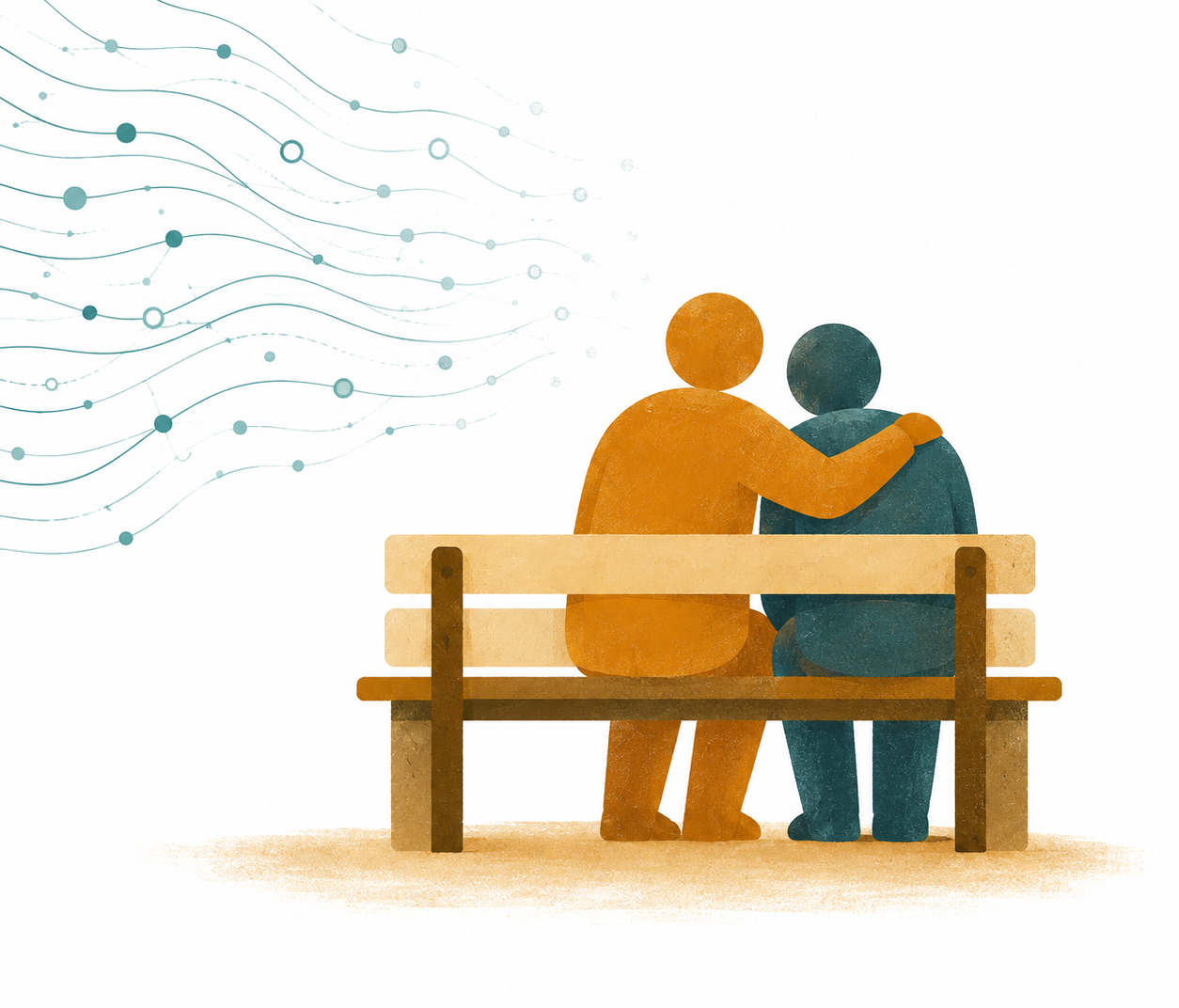 Conceptual image of a person sitting quietly beside someone who looks anxious, with a faint translucent data-stream pattern fading into the background