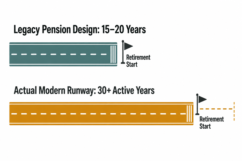 Diagram comparing a short 15-20 year retirement runway from legacy pension design against a longer 30-plus year modern runway, shown as two horizontal timeline bars