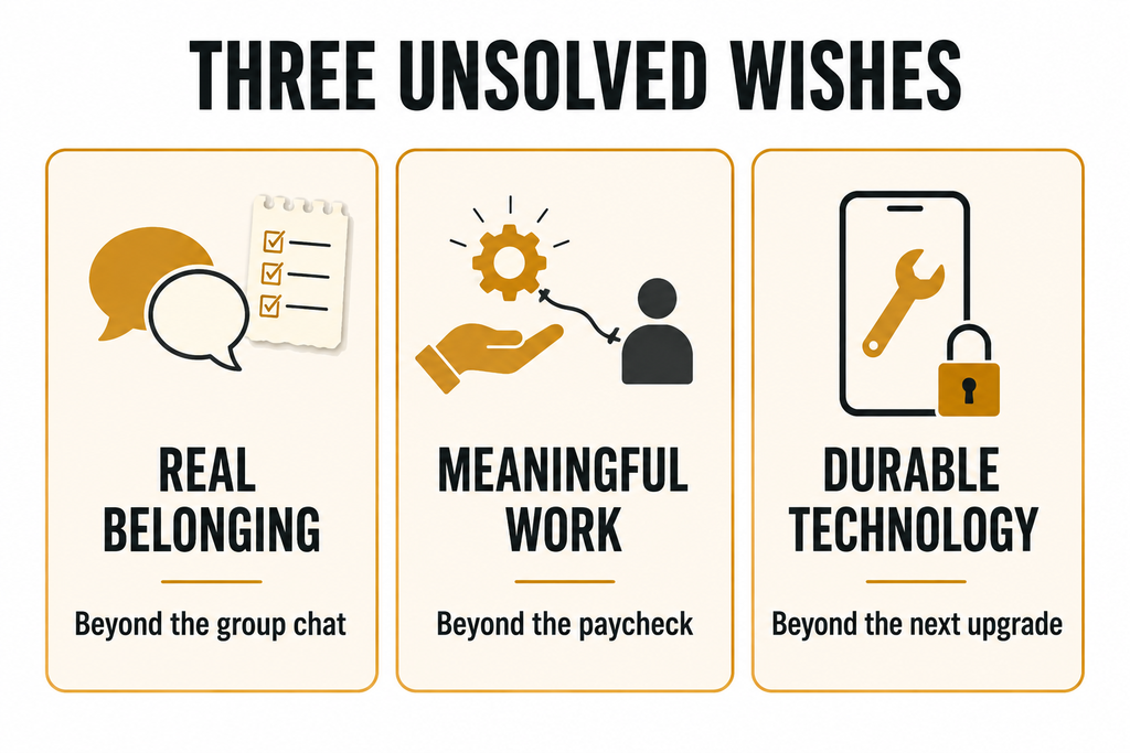 Diagram of three unsolved wishes in the wishlist economy: belonging, meaningful work, and durable technology