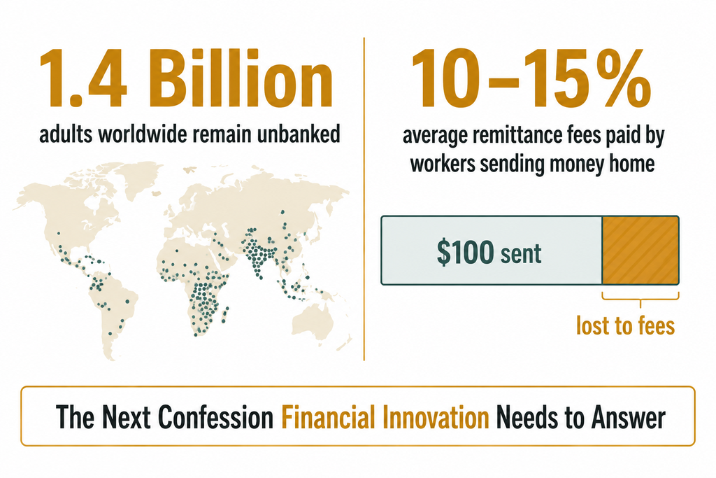 Infographic showing 1.4 billion unbanked adults worldwide and 10 to 15 percent average remittance fees