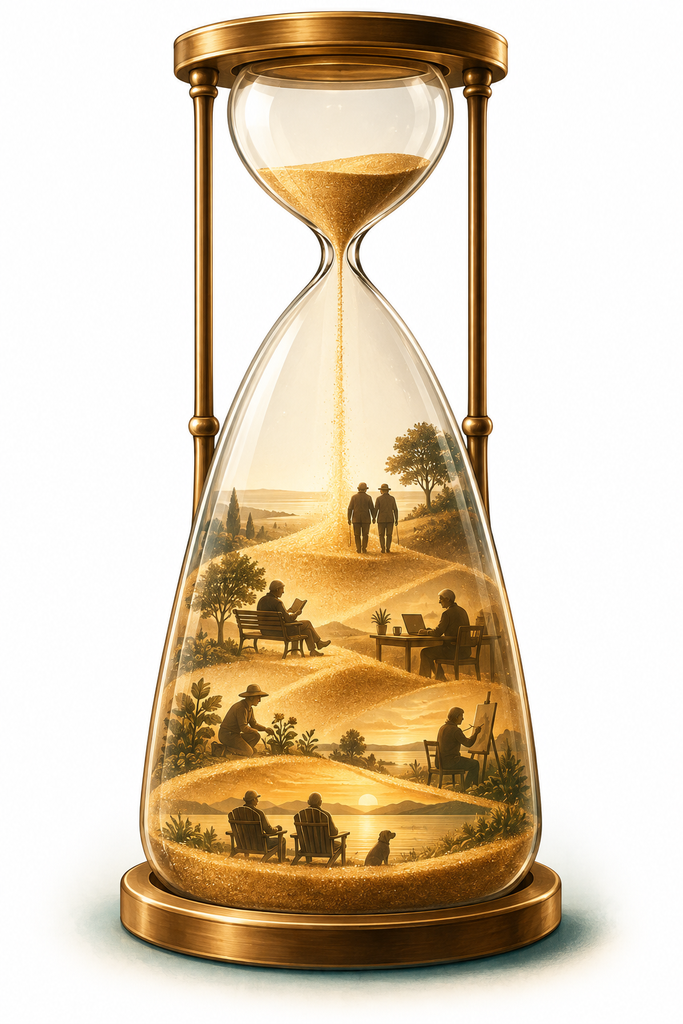 Conceptual image of an hourglass with an unusually long lower chamber representing a 40-year retirement