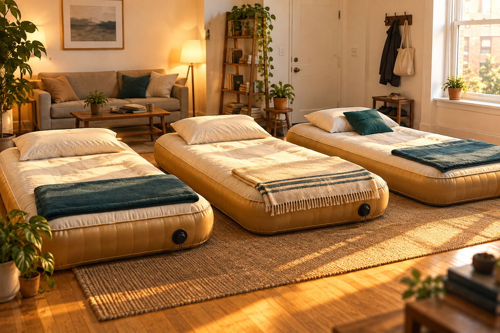 Conceptual image of inflated air mattresses on an apartment floor lit like a spotlight moment