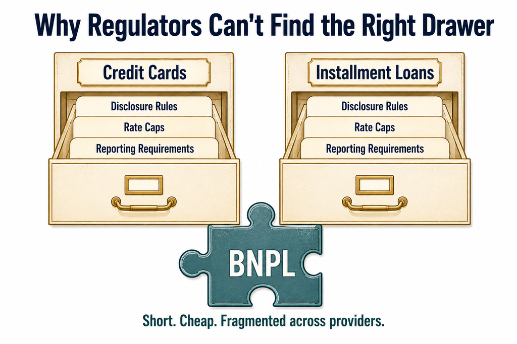Diagram contrasting how credit cards fit inside regulatory rules versus how BNPL slips between the drawers regulators built for cards and installment loans