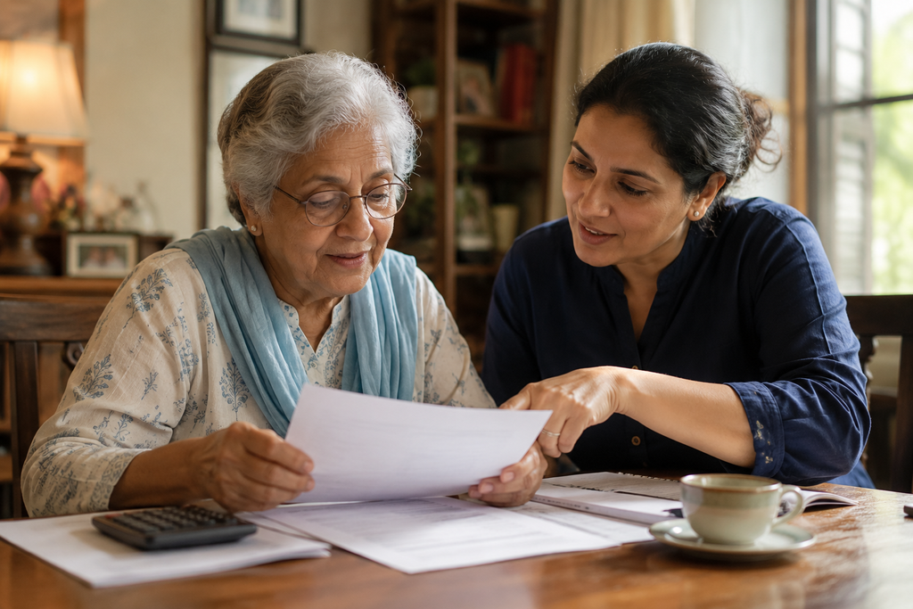 An elderly person reviewing financial paperwork at a table with a family member or advisor sitting beside them, pointing at a document