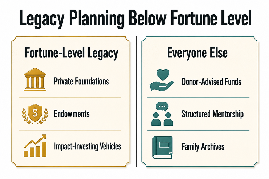Two-column diagram comparing fortune-level legacy planning tools (foundations, endowments, impact investing) against accessible alternatives for everyone else (donor-advised funds, structured mentorship, family archives)