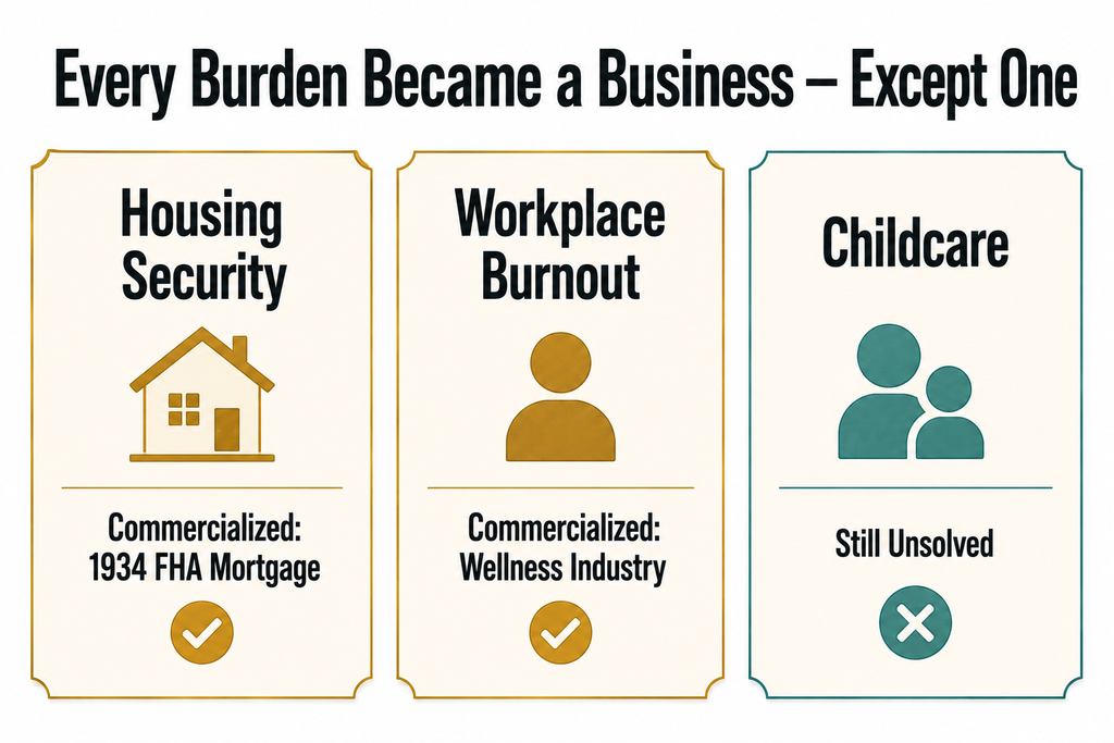 Three-card diagram comparing adult burdens that became commercial industries — housing security via the 1934 FHA mortgage and workplace burnout via the wellness industry — against childcare, which remains unsolved