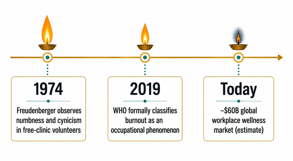 Timeline infographic showing burnout's path from a 1974 clinical observation to a 2019 WHO classification to a $60 billion wellness industry