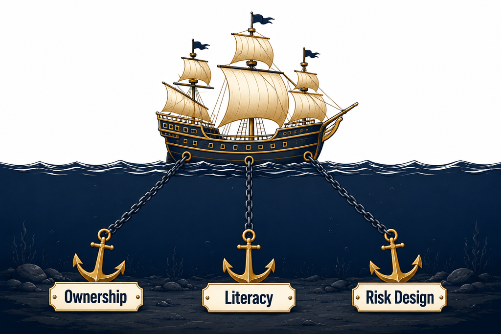 Conceptual diagram of a single sailing ship held up by three labeled anchors representing ownership, literacy, and risk design