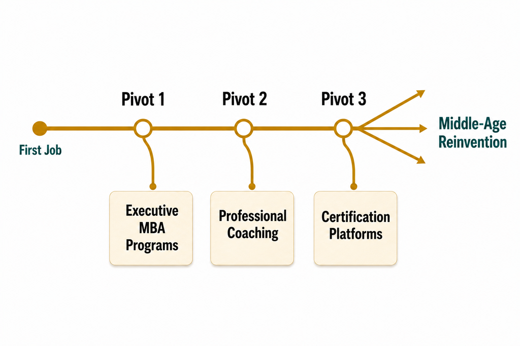Diagram showing a career path branching into multiple pivots labeled with reinvention industries