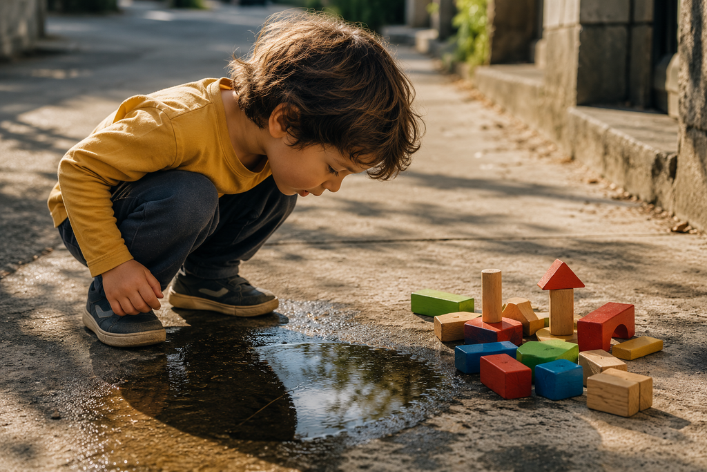 A child crouched by a puddle next to a small pile of wooden building blocks, absorbed in curious observation