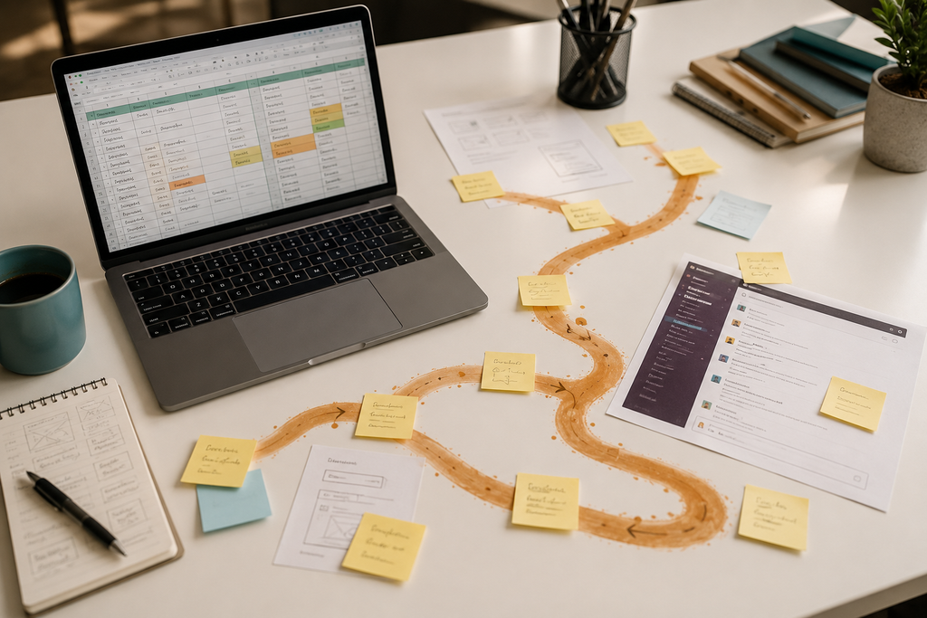 A messy desk workaround scene: a spreadsheet on a laptop screen and sticky notes standing in for a missing feature, with a faint worn-path pattern overlay suggesting a trail to be paved