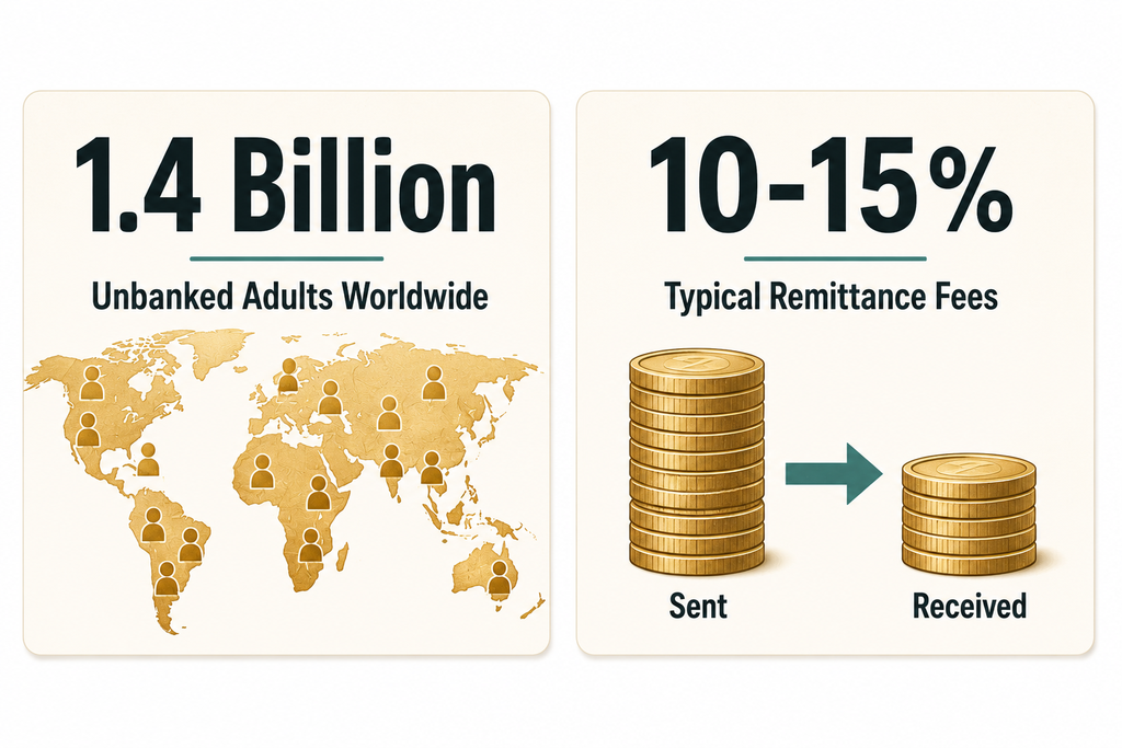 Infographic showing global unbanked population and typical remittance fee percentages