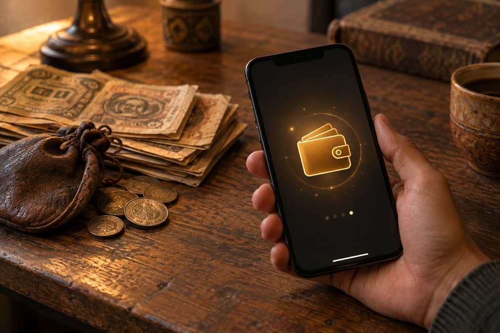 A hand holding a smartphone displaying a glowing digital wallet, evoking a modern paper note
