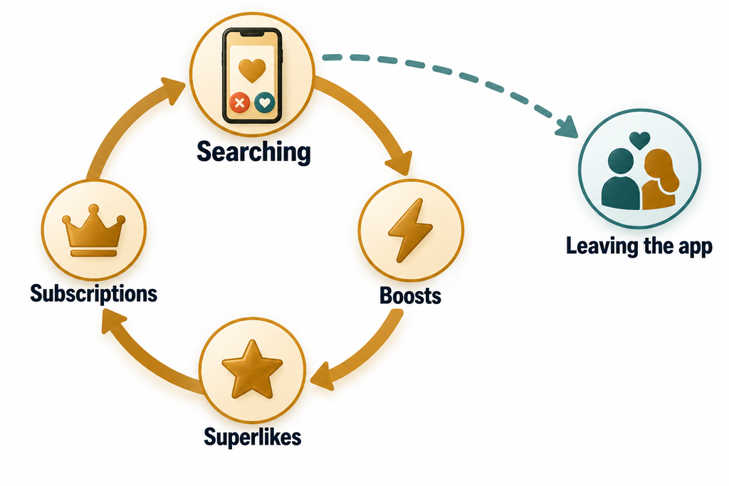 Diagram contrasting a dating app's discovery function with the resolution it does not incentivize