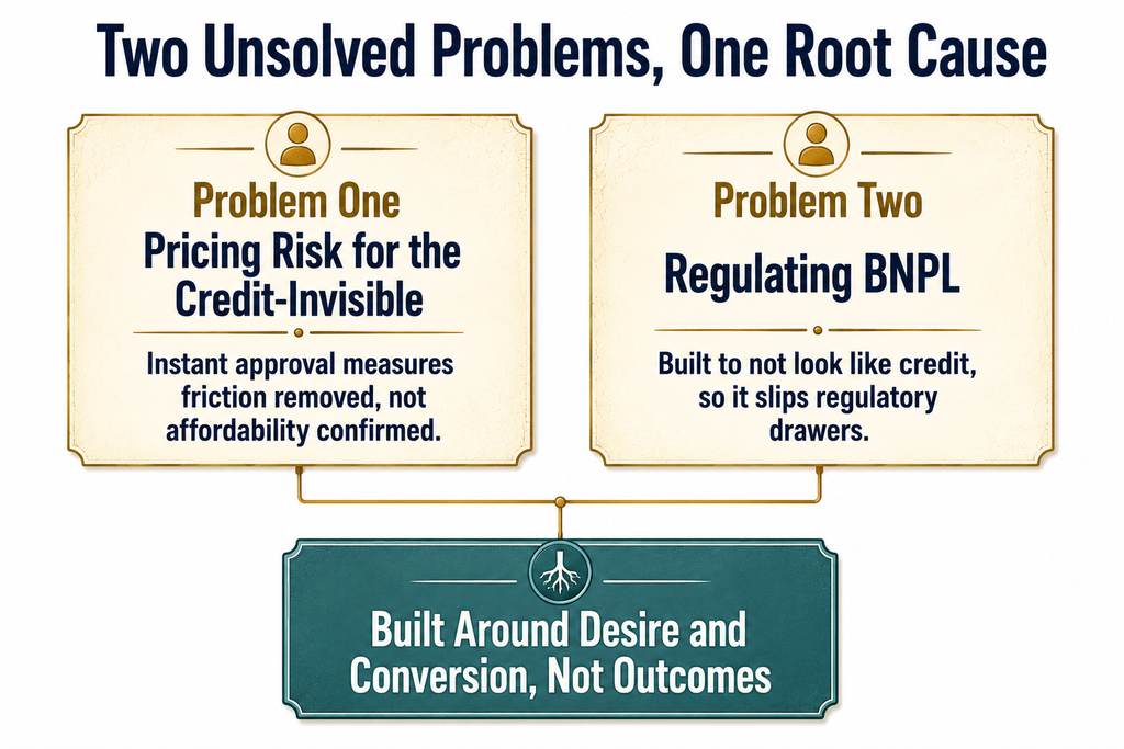 Side-by-side summary diagram of the two unsolved credit problems: pricing risk for the credit-invisible and regulating BNPL, joined by a shared root cause