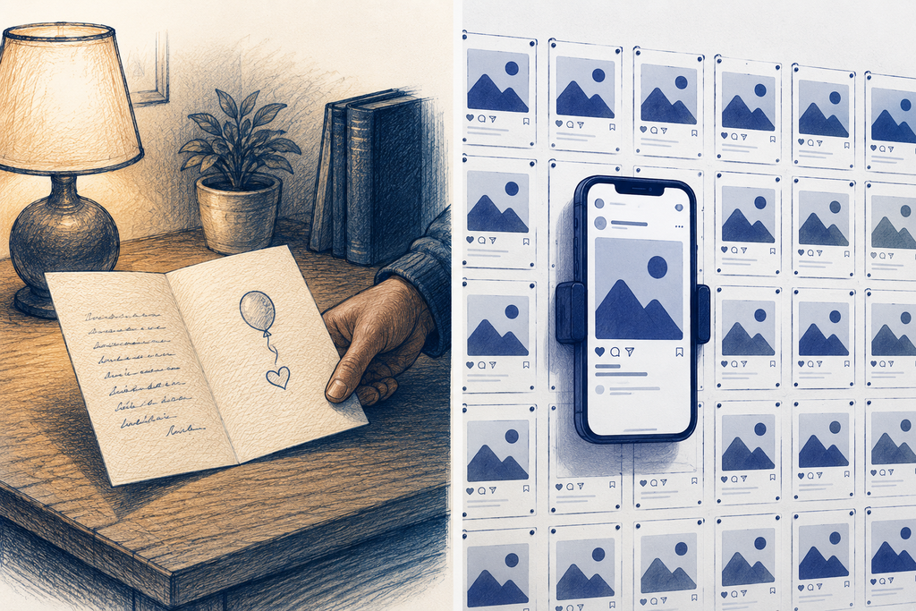  Side-by-side conceptual image contrasting a handwritten birthday card with a public wall of generic happy-birthday posts
