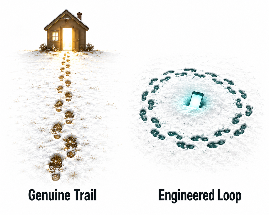 Conceptual split image contrasting a footpath that leads to a doorway versus one that loops in circles