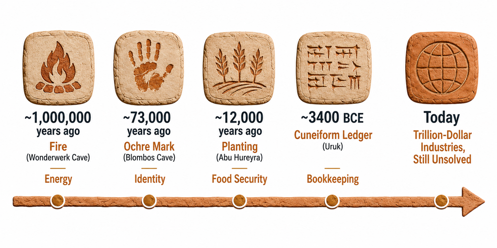 Timeline infographic comparing the origin dates of fire, agriculture, and writing to today's trillion-dollar industries