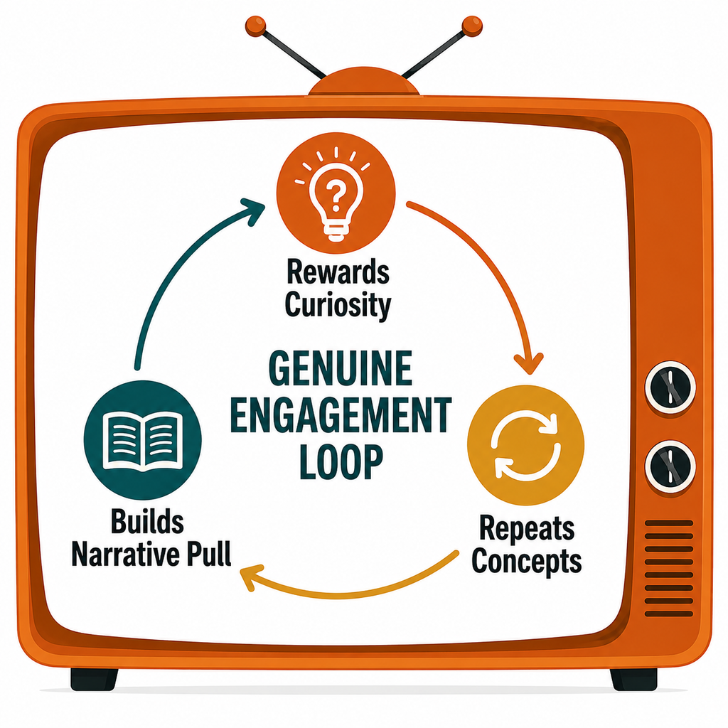 Diagram of a circular three-part engagement loop framework showing curiosity reward, concept repetition, and narrative pull
